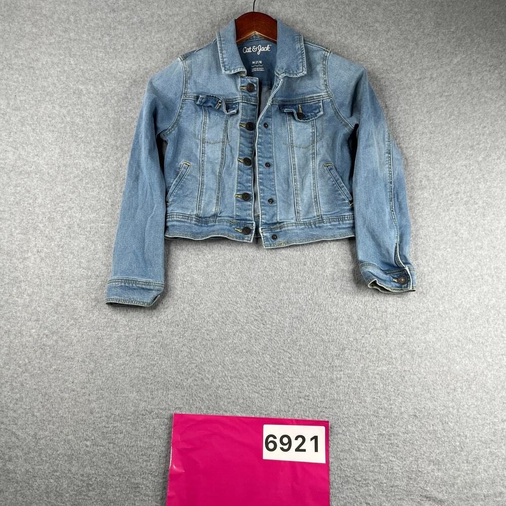 Cat & Jack Denim Jacket Youth Girls Size Medium 7/8 Blue Stretch Snap *SEE
